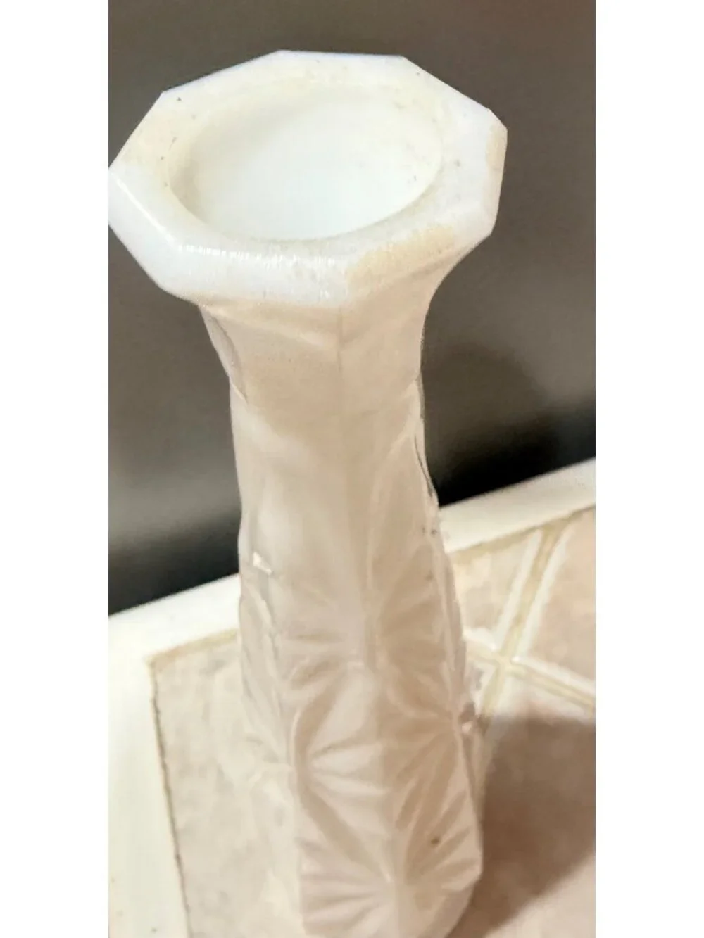 Vintage White Milk Glass Bud Vase With Geometric Starburst Pattern 9-Inch Tall